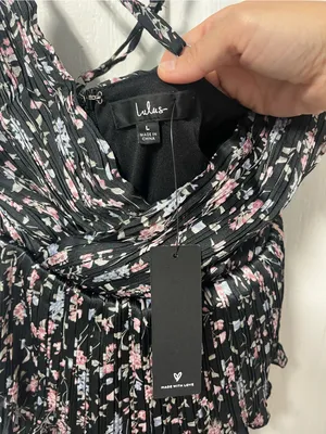 NWT Lulus Quaint Cutie Black Floral Pleated Tiered Mini Dress Size Large thumbnail 7