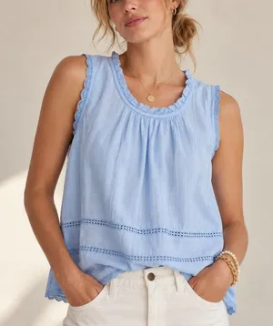 Flowy Lace Inset Tank Top Cotton Blouse Med Blue Eyelet Ruffle Coastal Natural thumbnail 1