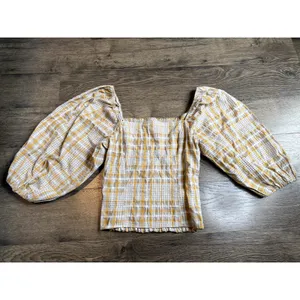 EUC Womens Maeve Anthropologie Square Neck Plaid Blouse puff‎ sleeve size M thumbnail 2