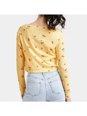 Hello Kitty Cardigan Sz M Yellow Ribbed Baby Doll Cropped Long Sleeve Button up thumbnail 4