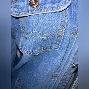 Denim Varsity Jacket Button Front Patches Pockets Size Medium Y2K Retro Vibe Blue thumbnail 6