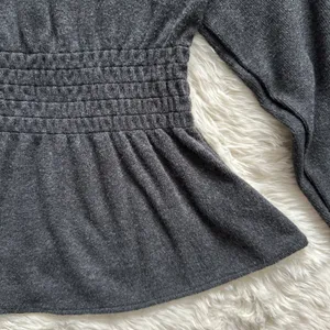 Sweater Plush Square-Neck Smocked Top Long Sleeve Dark Gray M thumbnail 7