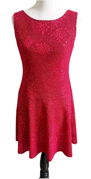 Connected Apparel Red Floral Sparkle Fit & Flare Mini Dress Size 6 Petite Y2K thumbnail 1
