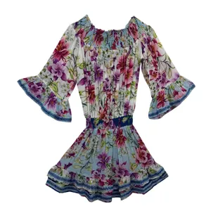 TAJ by Sabrina Crippa Dress Womens Size M Blue Floral Smocked Ruffle Mini Dress thumbnail 1