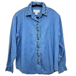 Vintage Christopher & Banks Denim Button Up Fall Leaf Embroidered Blouse Cottage thumbnail 1