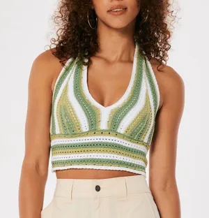 Hollister Green and White crochet top thumbnail 1