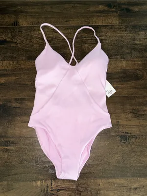 NWT SO Baby Pink Ribbed V-Neck One Piece Swimsuit thumbnail 3