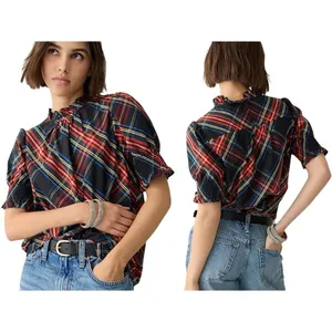 J. Crew Womens BN162‎ Tartan Plaid Ruffle Neck Puff Sleeve Cotton Top Small thumbnail 9