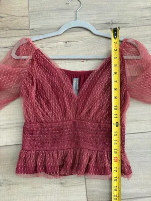 Anthropologie Tulle V Neck Blouse Bordeaux Red Sheer Smocked Peplum Top XS thumbnail 11