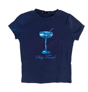 Edikted Navy Blue Cotton Cropped Tee with Shimmering Blue Cocktail Graphic thumbnail 1