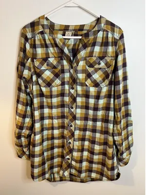 Duluth Trading Co Top W Med Yellow Flannel Plaid Tunic Button Front Fall Autumn thumbnail 1