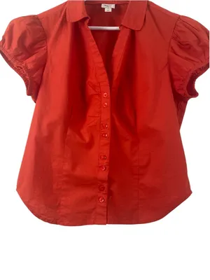 Anthropologie Maeve Red Short Puff Sleeve Ruched Blouse L thumbnail 7