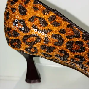 Brown Leopard Print Sequins Heels with Sculptural Curved Heel thumbnail 6
