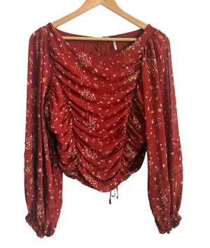 Free People L Ruched Floral Chiffon Open Back Blouse Balloon Sleeve Boho Top thumbnail 1