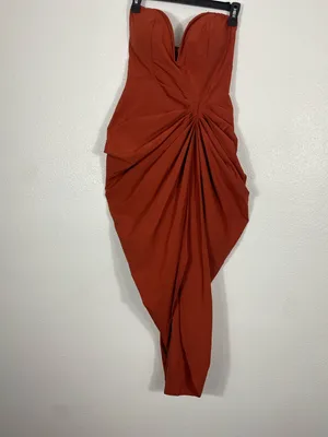 PrettyLittleThing Strapless Sweetheart Ruched Midi Dress in Rust Size 6 thumbnail 6