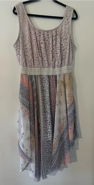 Pink Floral Patchwork Lace Midi Dress 3XL Handkerchief Hem Cottagecore Prairie thumbnail 1