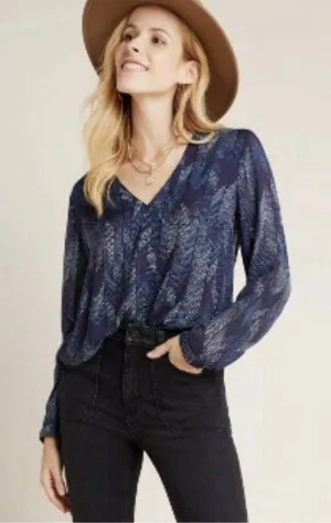Cloth & Stone Anthropologie Dotted Herringbone Blouse Navy Blue V Neck Rayon S thumbnail 1