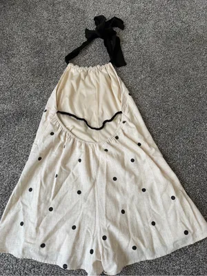 Polka Dot Halter Linen-Blend Romper Black & Cream thumbnail 3