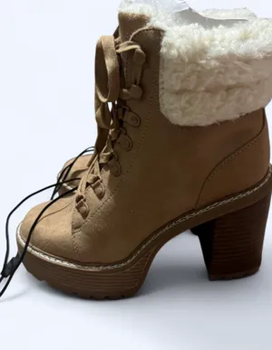 Express Faux Suede Shearling Lined Lace-Up Platform Heeled Booties 7 thumbnail 2