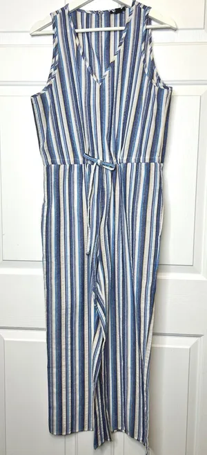 DREW Striped Jumpsuit Medium V Neck Sleeveless Wide Leg‎ Drawstring thumbnail 1