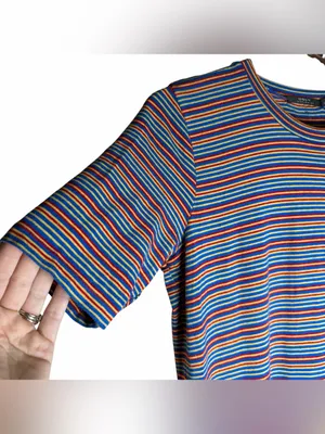 Obey Worldwide Striped Midi Shirt Dress Blue Red Yellow Logo Tee Dress Sz Small thumbnail 3