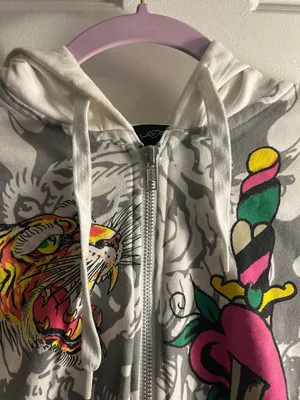 Ed Hardy Women's White Zip-Up Hoodie with Tiger and Dragon Graphic thumbnail 3