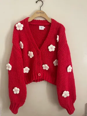 Luna Ivy Chunky Knit Flower Appliqué Cardigan Sweater Red Pink M Cottagecore thumbnail 2