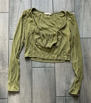 Olive Ribbed Long Sleeve Crop Top Green Size M thumbnail 1