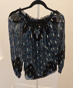 White House Black Market Womens M Blouse Royal Blue Paisley Metallic Boho thumbnail 1