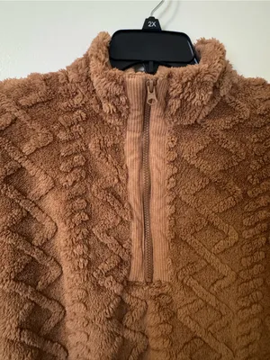 Kate Park Brown Cable Diamond Pattern Teddy Sherpa Fleece Quarter-Zip Pullover M thumbnail 4