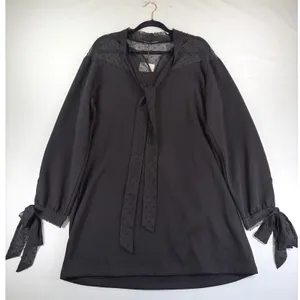 Zara Black Swiss Dot Mesh Tie Neck Mini Dress Long Sleeve Large Parisian Chic thumbnail 3