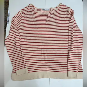 Zara women's viscose ecru and red striped long sleeve knit sweater size L thumbnail 7