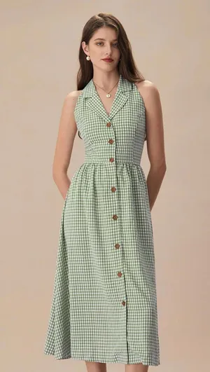 RIHOAS The Green Lapel Plaid Sleeveless Shirt Midi Dress XS thumbnail 1