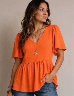 Entro Peplum Top Small Orange V-Neck Flutter Sleeve Textured Ruffle Blouse thumbnail 1