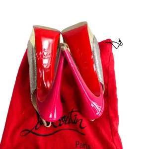 Christian Louboutin Lady Peep Slingback Glitter Pumps Platine Gold Pink Red 36.5 thumbnail 8
