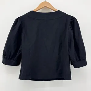 Anthropologie Puff Sleeve Scoop Neck Linen Crop Top‎ Black Size 6 EUC Size Large thumbnail 7