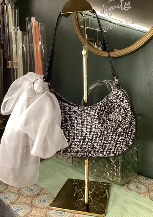 Black White Tweed Flower Rhinestone Shoulder Bag Hobo Purse with Scarf Accessory thumbnail 1