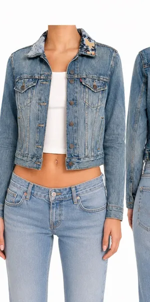 Levi’s XS Custom Motorcycle Graphic Cropped Denim Trucker Jacket thumbnail 1