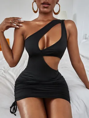Sexy Black One-Shoulder Cutout Bodycon Mini Dress W/ Ruched Side size 6 thumbnail 2