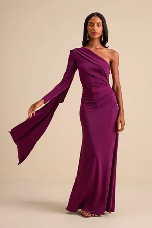 Lulus Maru Plum Purple Long Sleeve One-Shoulder Sash Dress Gala Party Medium thumbnail 1