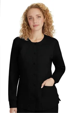 Healing Hands Women's Daisy Snap Front Warm-Up Solid Scrub Jacket in black XS thumbnail 1