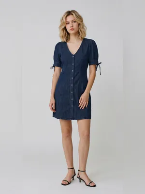 Sim & Sam Short puff Sleeve w/ Bows Button-Front Denim Dress coquette western thumbnail 2