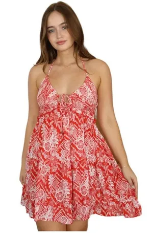 Angie Red White Floral Halter Dress M Smocked‎ Bodice Summer Boho Sundress Sz M thumbnail 1