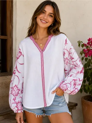 Calypso St. Barth Embroidered Linen Blend Blouse Women Small White Pink thumbnail 1