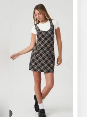 Forever 21 Plaid Pinafore Mini Dress - Black, Cream thumbnail 2
