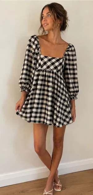 Storia Black and White Gingham Babydoll Dress thumbnail 1