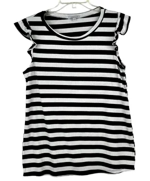 White Birch Black White Strip Sleeveless Ruffle Tank Medium thumbnail 1