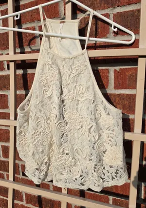 Free People•Cream Lace Open Crossover Back High Neck Sleeveless Top Size XS thumbnail 1