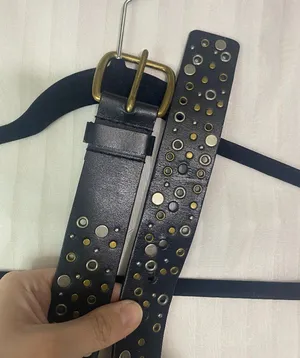 Black Genuine Bonded Leather Studded Grommet Belt Brass Tone Buckle Boho Punk thumbnail 1