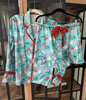 Altar'd State NWT bows satin pajamas set long sleeve shirt top shorts Christmas button down thumbnail 1